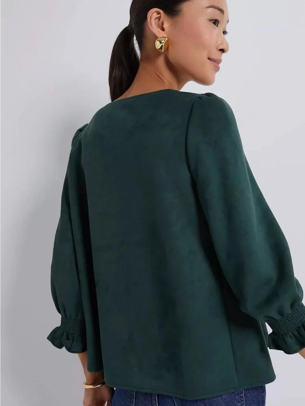 Tuckernuck Easton Ultra Suede Puff Sleeve Malachite V-Neck Swing Blouse Sz M